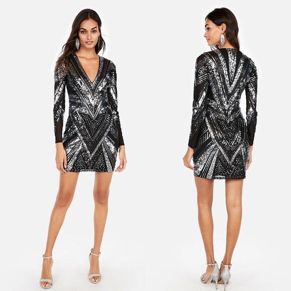 Express Sequin Mini Dress Small Petite Black Silver Long Sleeve Cocktail Party - Picture 1 of 12